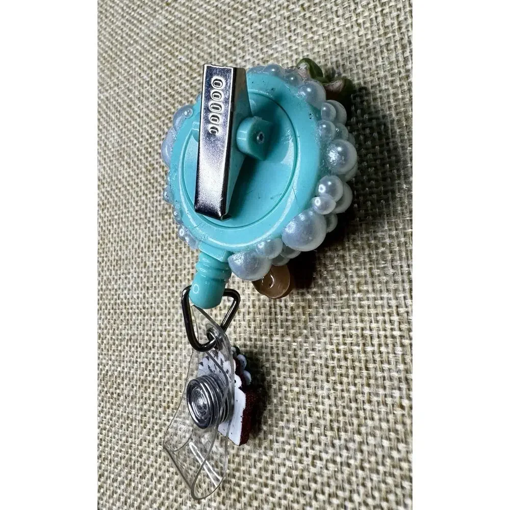 Gingerbread Girl with Blue Pearls Retractable Reel ID Badge Alligator Clip